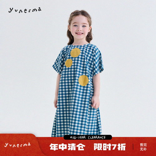 允儿妈女童韩系贴布格子连衣裙