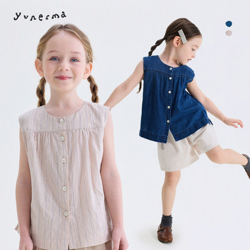 允儿妈女童法式牛仔背心娃娃衫