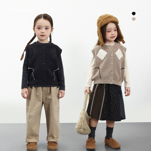 允儿妈女童韩系复古拼布针织马甲