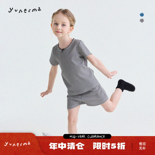 允儿妈女童夏季格子上衣短裤套装