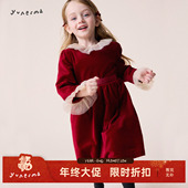 允儿妈女童2026新年复古红色丝绒蕾丝领连衣裙儿童圣诞公主裙裙子
