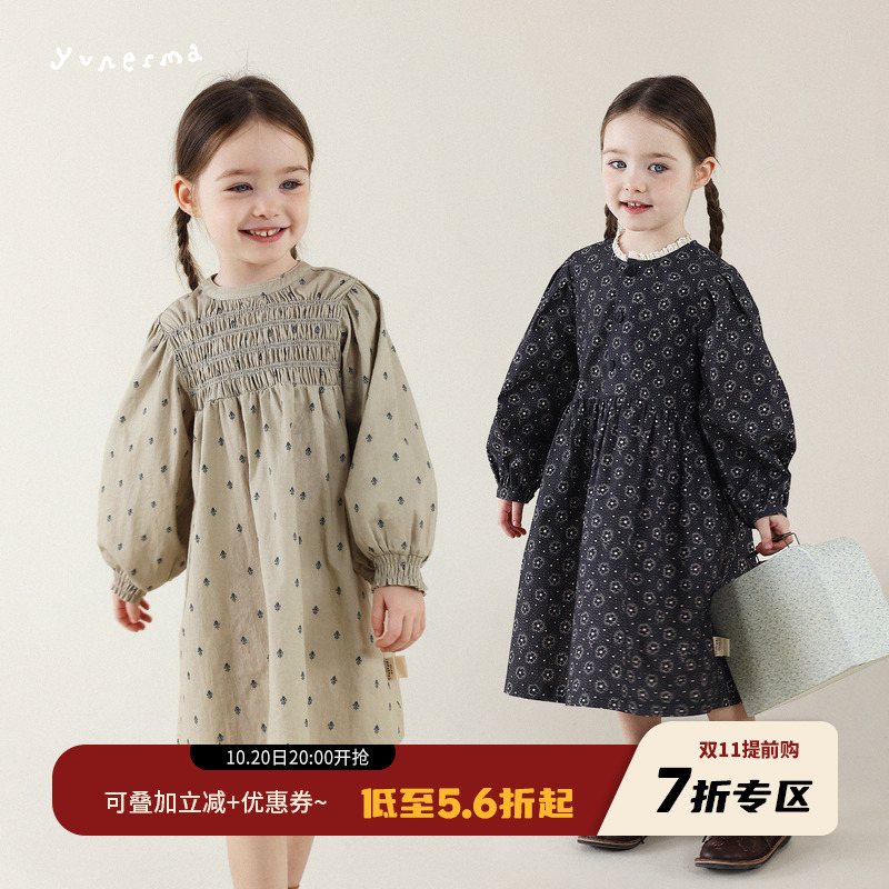允儿妈女童小众碎花复古连衣裙