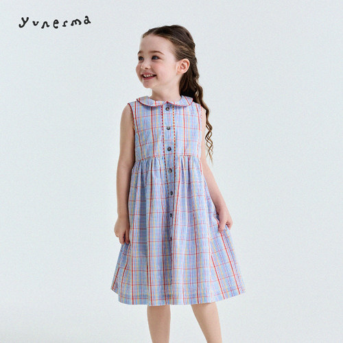 允儿妈女童法式翻领格子背心裙
