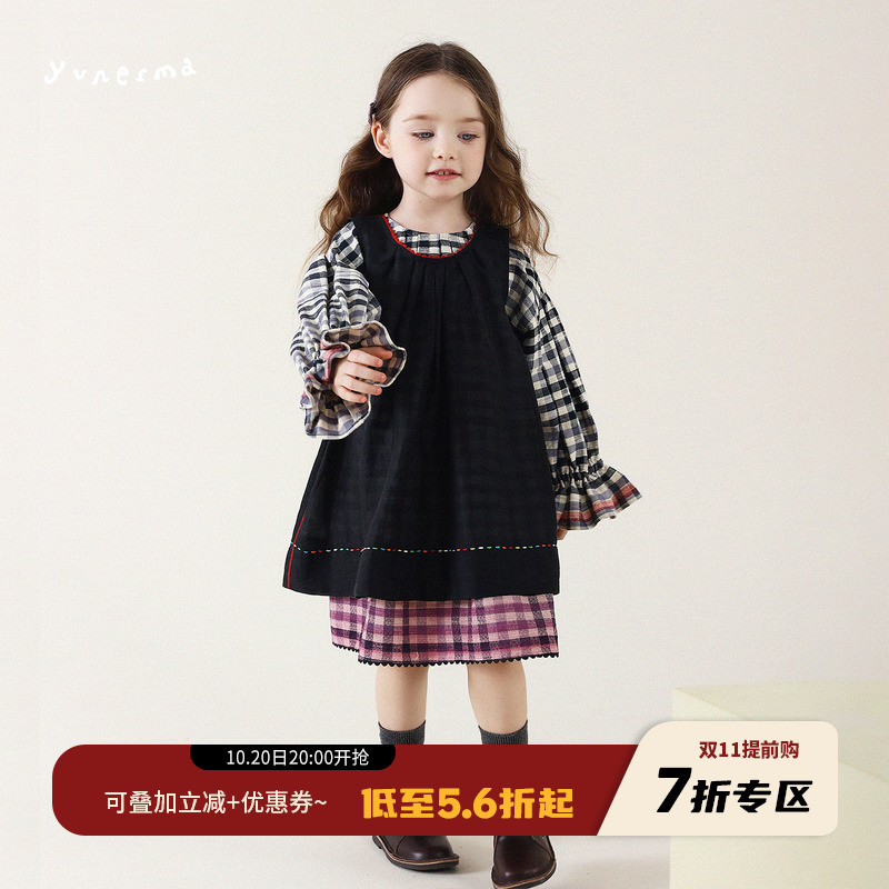 允儿妈女童格子连衣裙罩裙套装