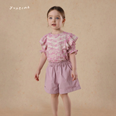 套装 宝宝夏季 时尚 允儿妈女童小众花边飞袖 裤 短裤 纯棉短袖 子 娃娃衫