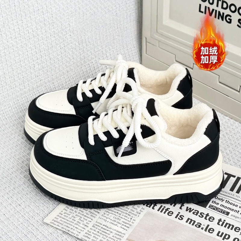 加绒加厚黑白板鞋女休闲鞋