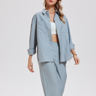 春秋条纹衬衫外套长裤套装宽松休闲西装短款衬衣外套直筒裤三件套