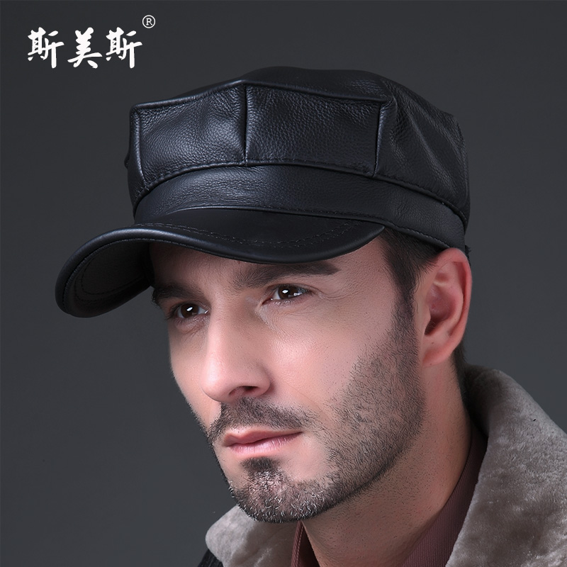 平顶冬季牛皮男冬帽真皮男帽
