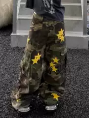 European and American High Street Star Camouflage Workwear Jeans for Men, Retro Hip-Hop Design, Loose Wide-Leg Floor-Length Scimitar Pants