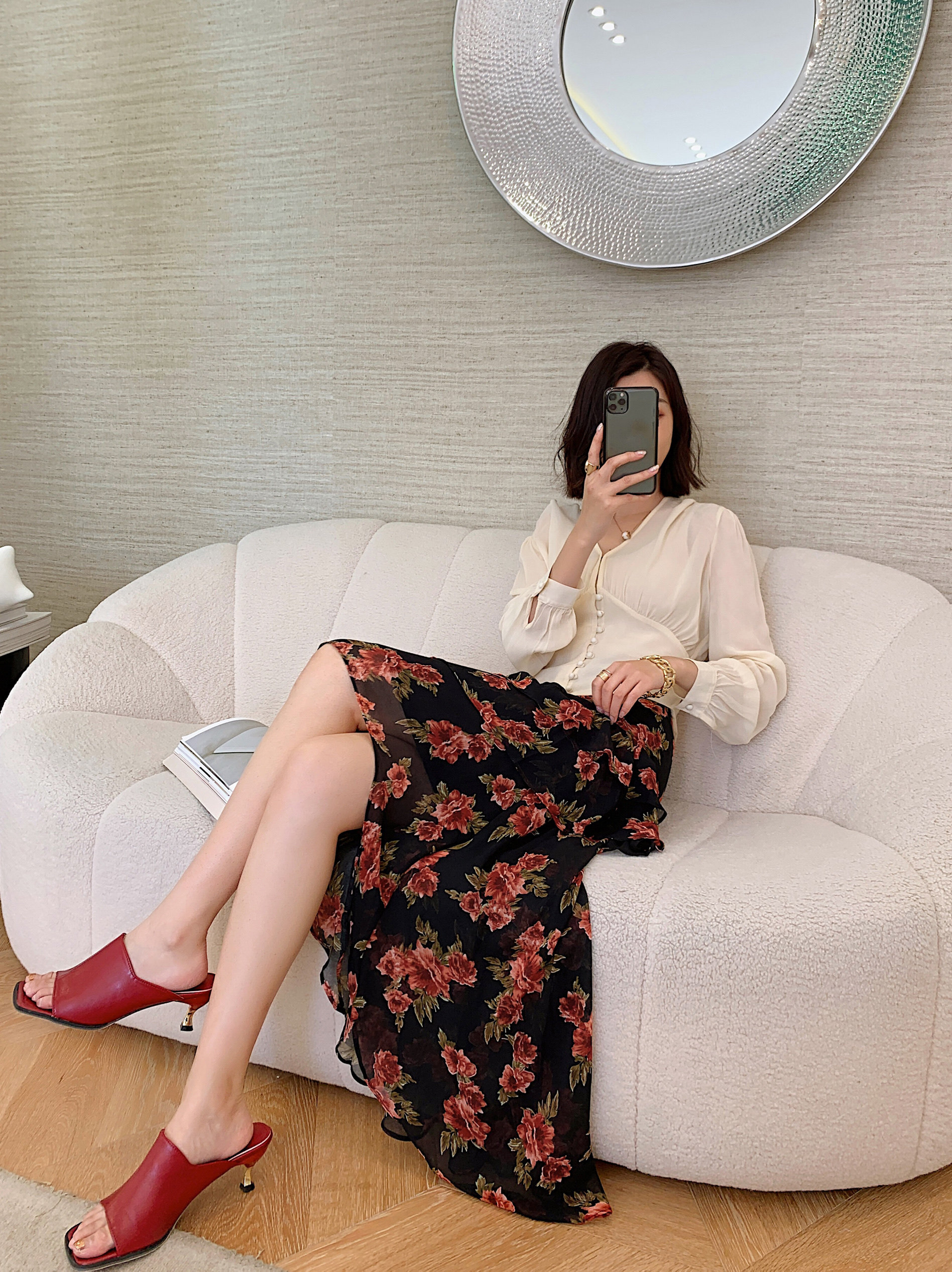 夏季轻奢时尚百搭不规则水墨花系高腰半身裙Jin口雪纺乔其纱女式