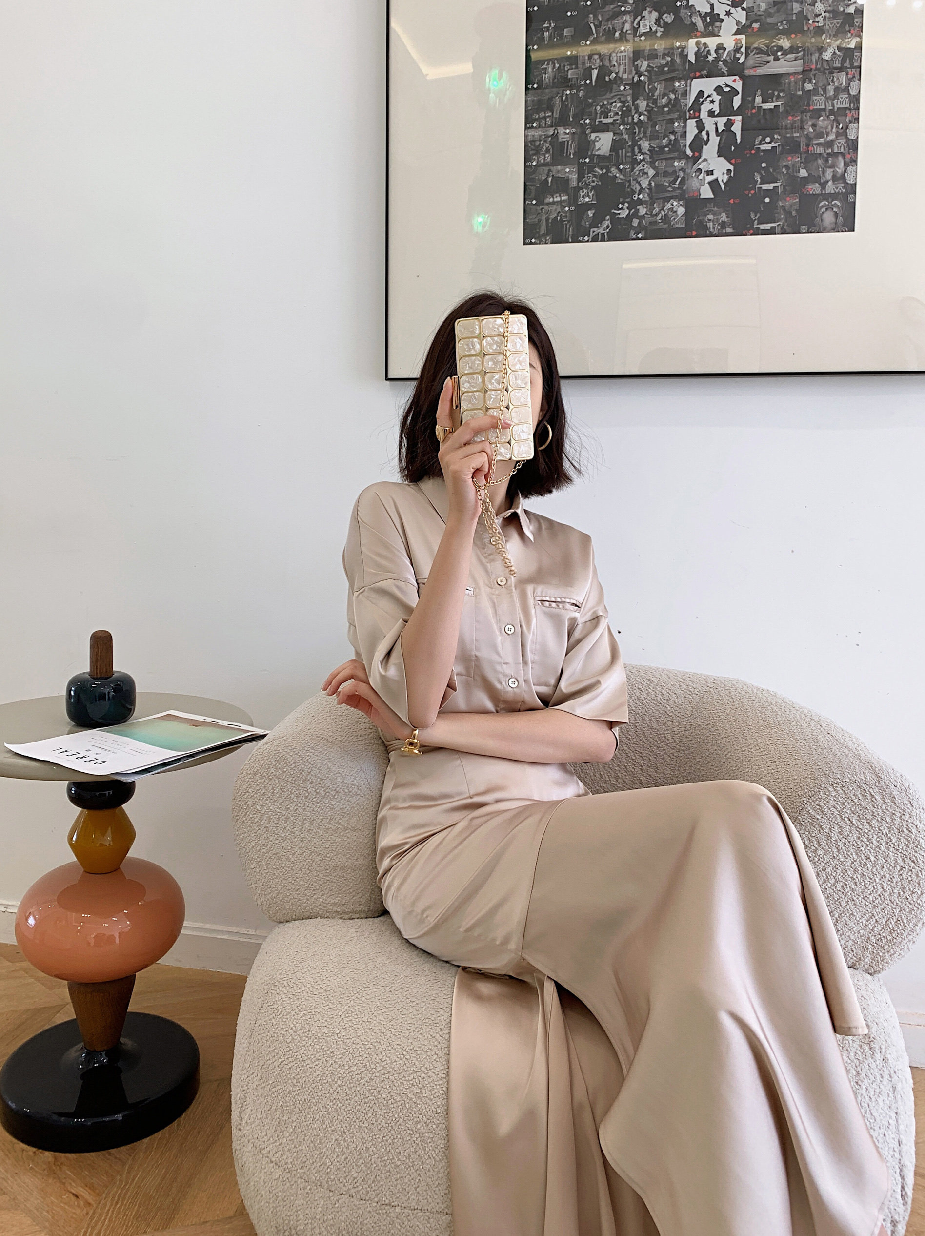 夏季设计轻奢时尚百搭锻面短袖女式衬衫开叉半身裤裙套装可分开搭