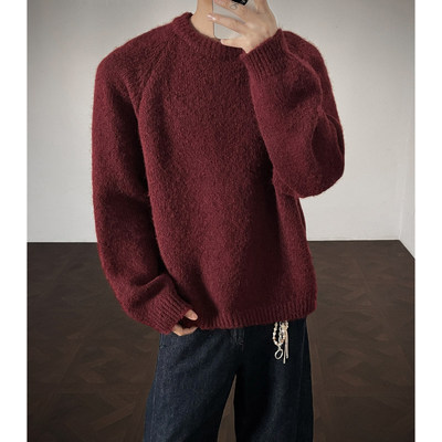 2025新款春秋季红色毛衣男款慵懒软糯加厚保暖羊毛针织打底衫潮牌