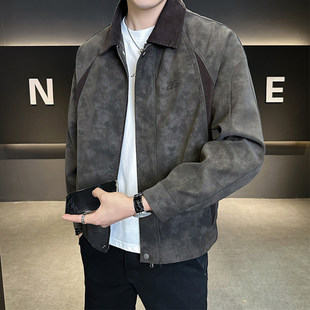 美式春季短款外套男翻领2026新款潮牌时尚男装麂皮绒复古夹克上衣