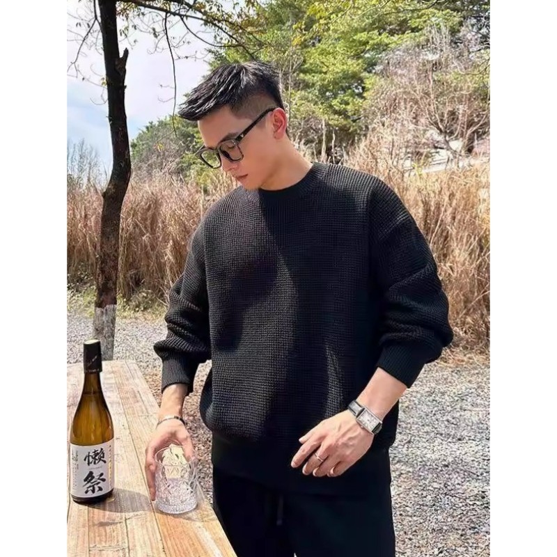 秋季男士华夫格提花圆领毛衣韩版时尚都市通勤百搭简约宽松针织衫
