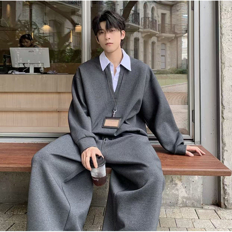 秋日ootd穿搭高质感假两件休闲运动套装男女款宽松百搭卫衣卫裤潮