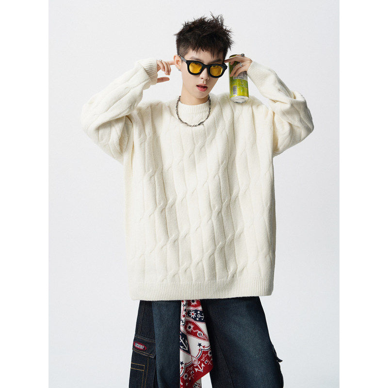 日系麻花纹纯色圆领毛衣男春季宽松慵懒风潮牌加厚内搭针织衫上衣,男装,针织衫/毛衣,淘宝优惠券,粉丝福利购,淘宝优惠卷