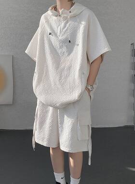夏季泡泡纱男大码宽松T恤短裤套