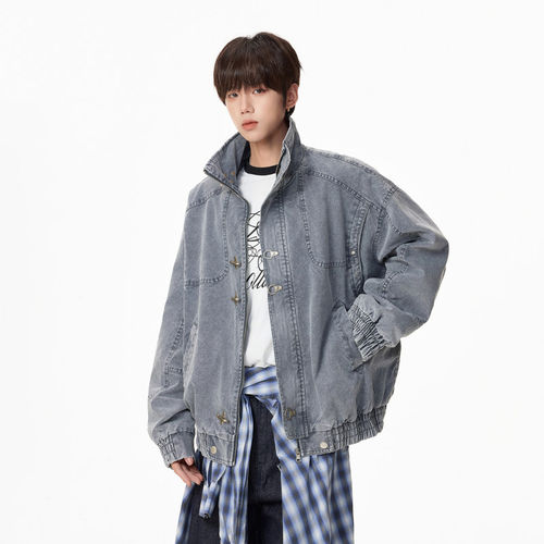 美式高街做旧飞机扣牛仔夹克男