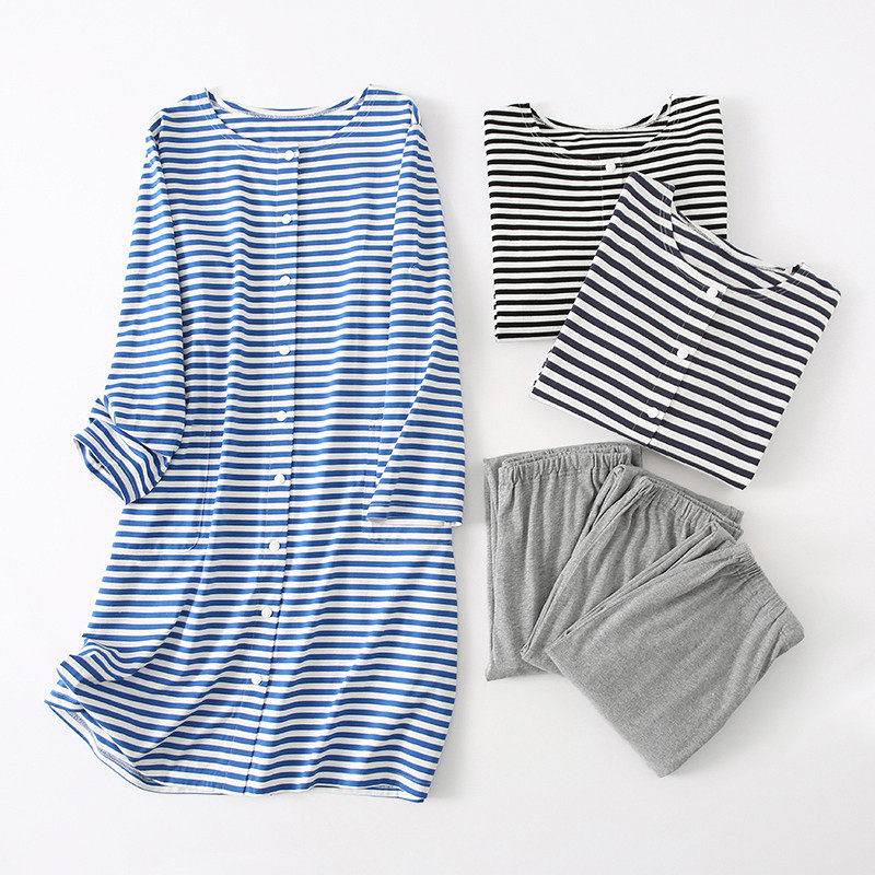 일본산 순면 스트라이프 산모 가정복 산후 중간 길이 긴팔 수유 잠옷 감금복