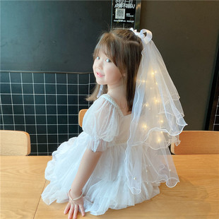 儿童婚礼头纱发光花童蝴蝶结头纱可爱女宝宝公主发箍白色婚纱带灯