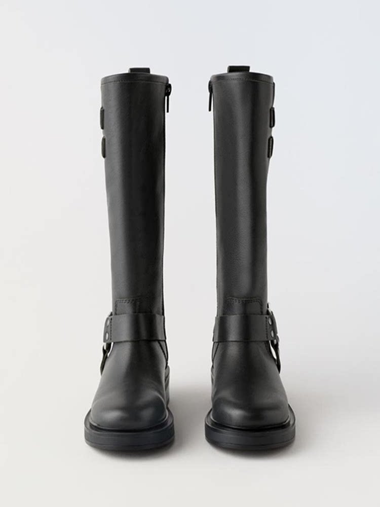 ZA2023 가을 신작 하이 부츠 가죽 버클 장식 오토바이 스타일 나이트 부츠 미드 커프 레트로 데님 웨스턴 부츠