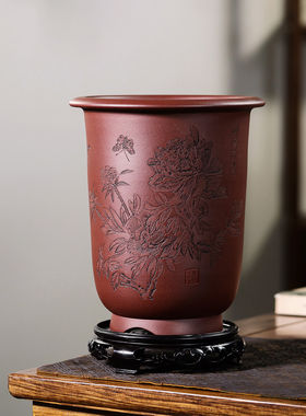 神力宜兴紫砂花盆精品大金钟手工刻绘枣红泥建兰惠兰桌面君子兰盆