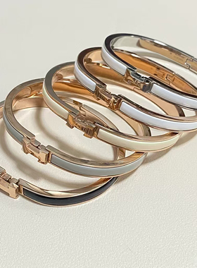 经典珐琅印花手镯黑金白金粉窄版气质简约百搭珐琅POP扣情侣手环