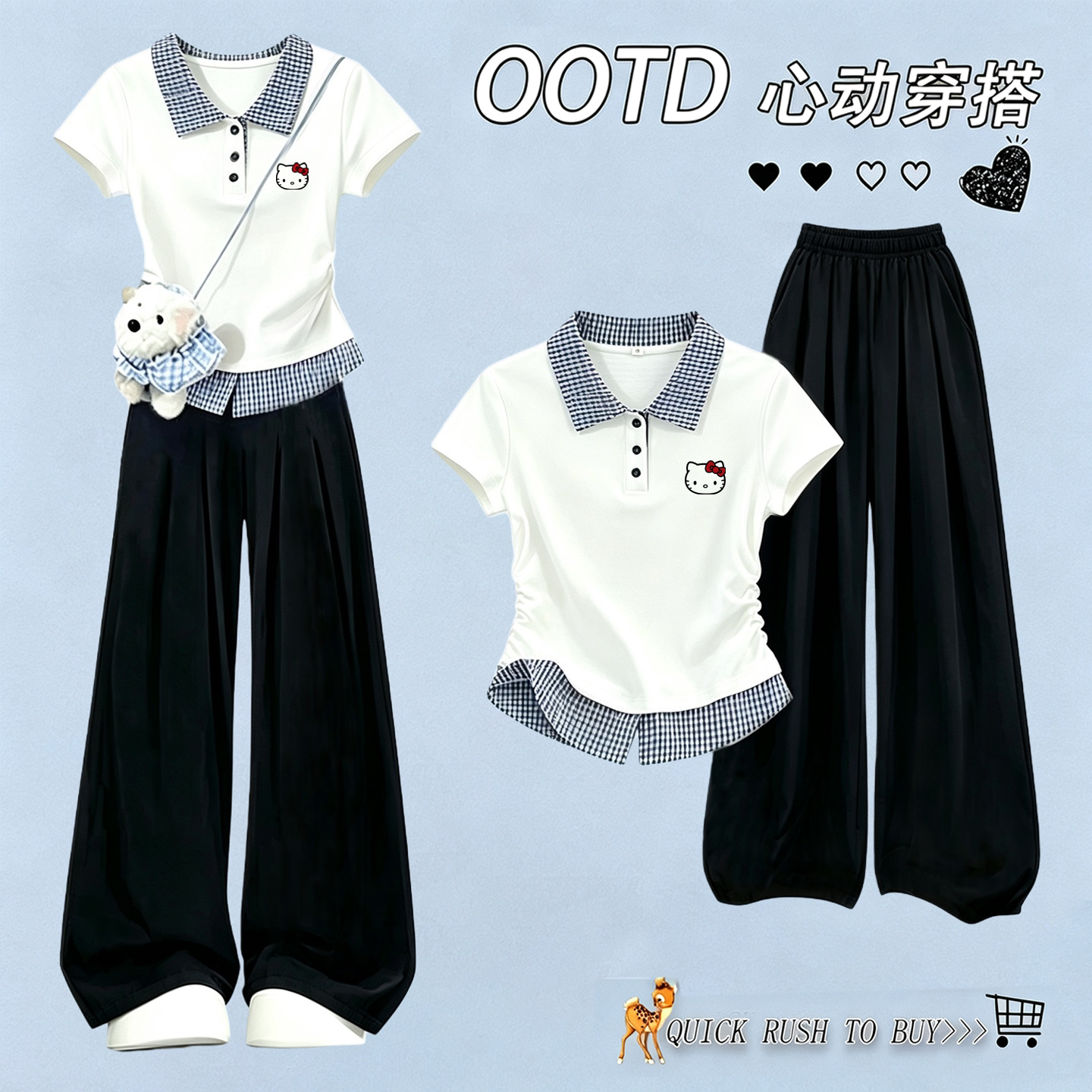 女童夏季纯棉短袖阔腿裤套装图片