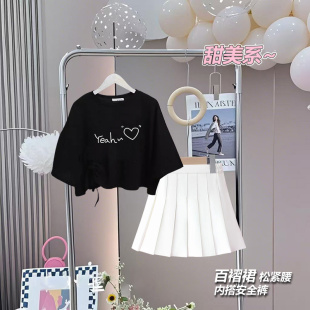 女童短裙套装2025夏季新款女大童运动休闲百褶裙网红时尚短袖夏装