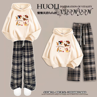 女童秋冬套装2026新款加绒杏色连帽卫衣大童女装儿童衣服两件套装