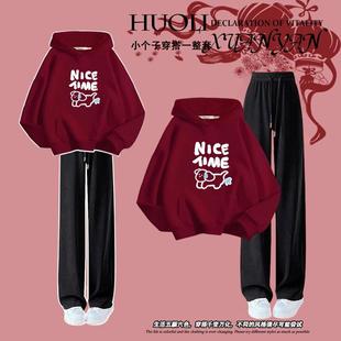 女童加绒卫衣套装秋冬新款儿童运动冬装初中生女孩大童红色外套潮