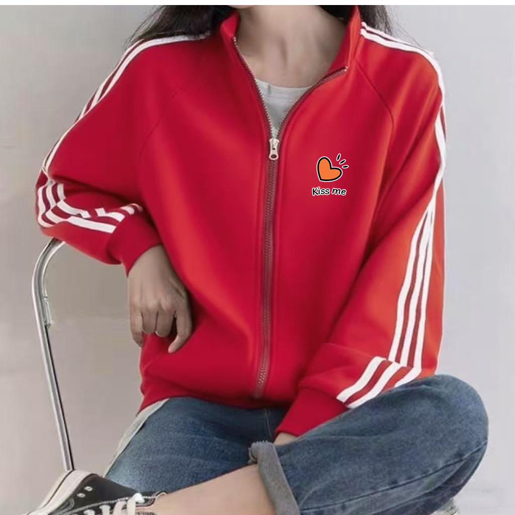 2026新款宽松侧边条纹三杠外套女