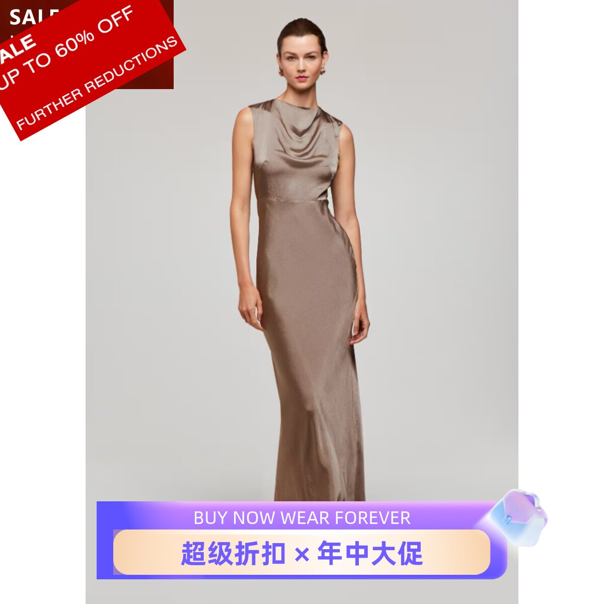 WHISTLES连衣裙礼服裙长裙堆堆领露背系带缎面青灰色优雅大气名媛