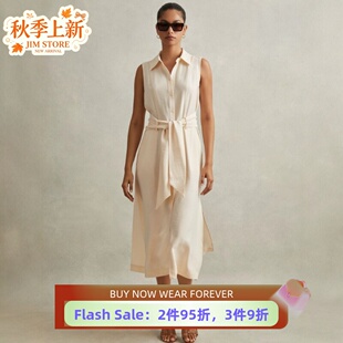 REISS连衣裙乳白色衬衫裙中长系带无袖纯色简约高腰修身休闲百搭
