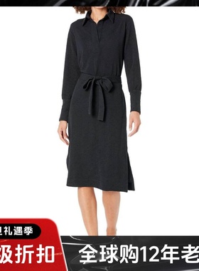 UNI CLOSET黑色长袖衬衫裙中长系带纯色H型简约气质百搭显瘦