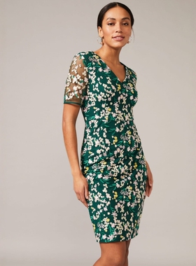 Phase Eight短袖重工刺绣连衣裙包臀裙V领中裙松绿色气质修身优雅