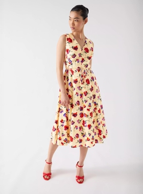 LK BENNETT乳黄色碎花连衣裙中长V领无袖系带优雅淑女舒适百搭