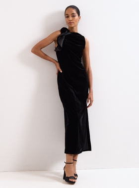 Phase Eight黑色丝绒礼服裙连衣裙长裙侧开衩立体花朵装饰大气