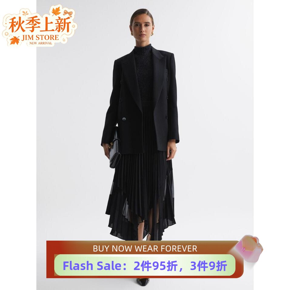 REISS黑色百褶半身裙不规则裙摆