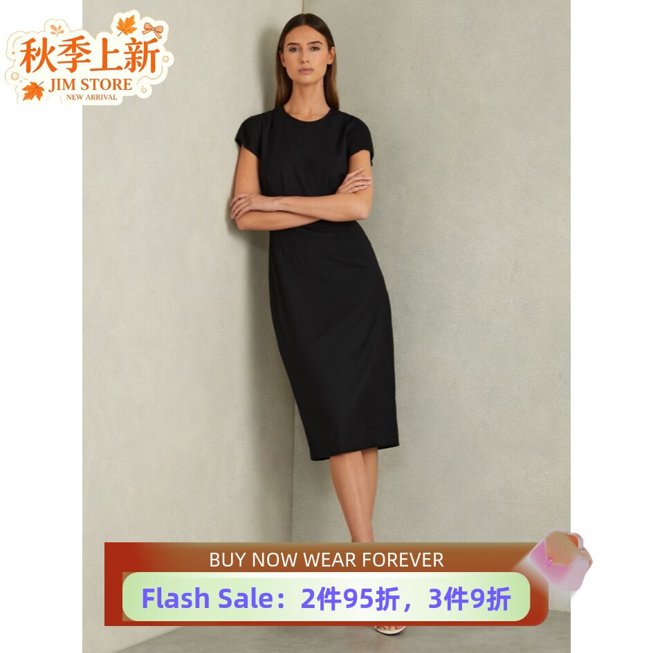 REISS黑色短袖连衣裙包臀裙通勤西服裙纯色中长款修身显瘦干练OL