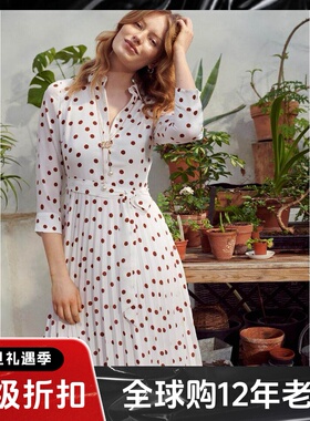 HOBBS白色波点连衣裙百褶裙衬衫裙中长系带修身清新淑女飘逸百搭