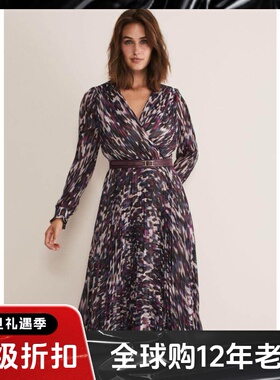 Phase Eight长袖百褶裙连衣裙中长款配腰带紫色撞色大气优雅百搭