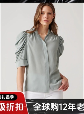 UNI CLOSET短袖真丝衬衫衬衣缎面青绿色褶皱袖口气质通勤大气百搭