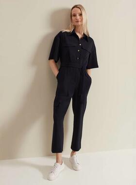 Phase Eight藏蓝短袖连体裤连衣裤长裤系带高腰干练通勤日常百搭