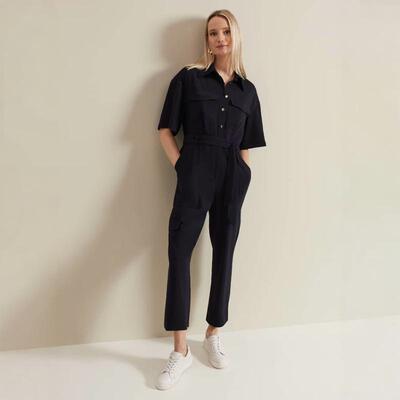 Phase Eight藏蓝短袖连体裤连衣裤长裤系带高腰干练通勤日常百搭