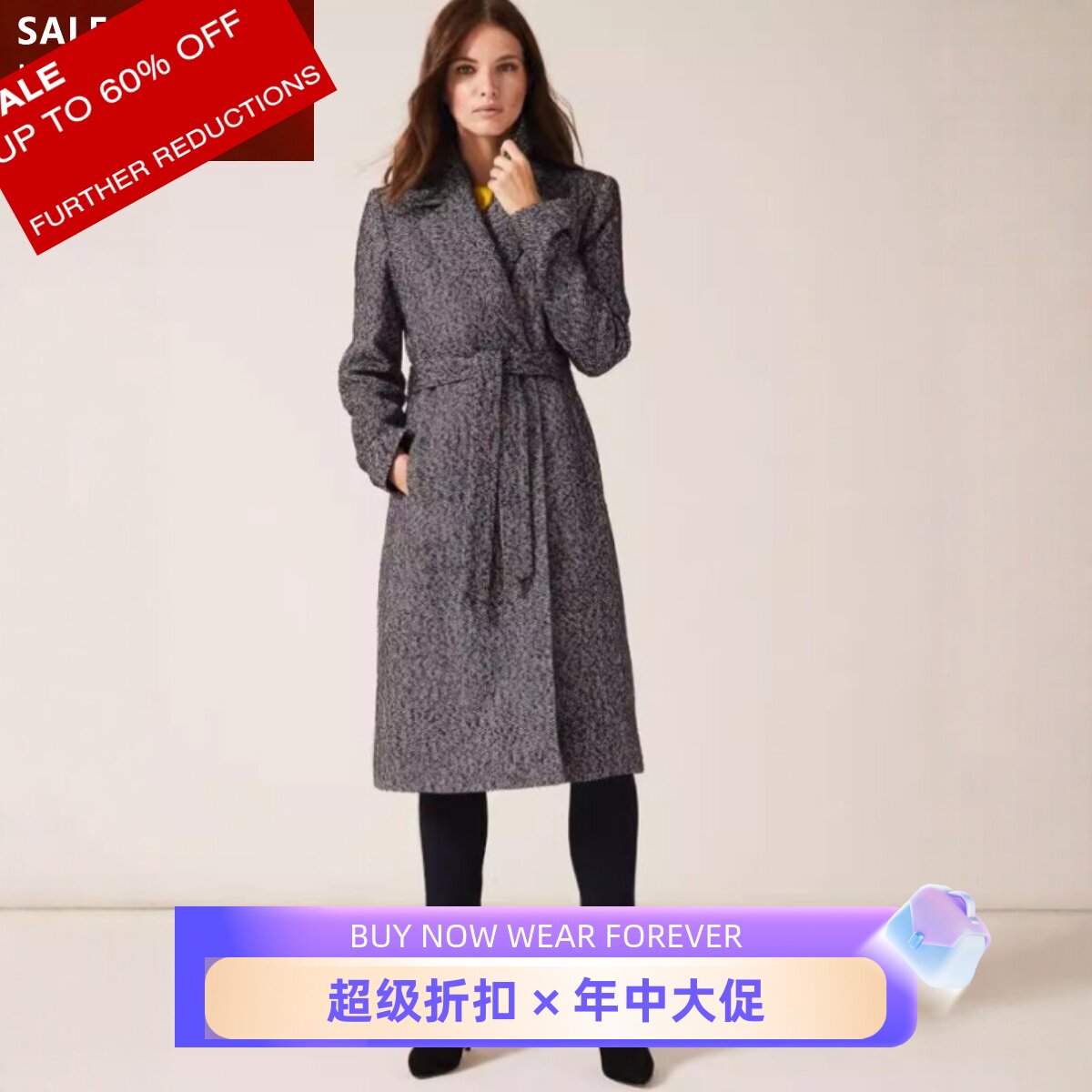 Phase Eight女大衣外套中长灰黑色西服领系带中长气质英伦通勤