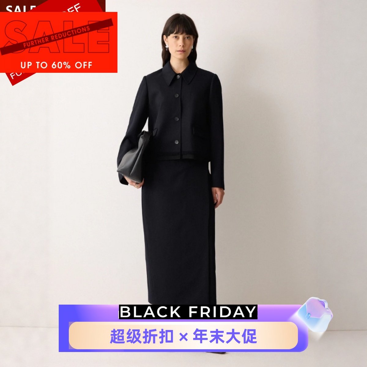 JIGSAW藏蓝短外套羊毛混纺纯色流苏对称口袋简约英伦日常通勤百搭