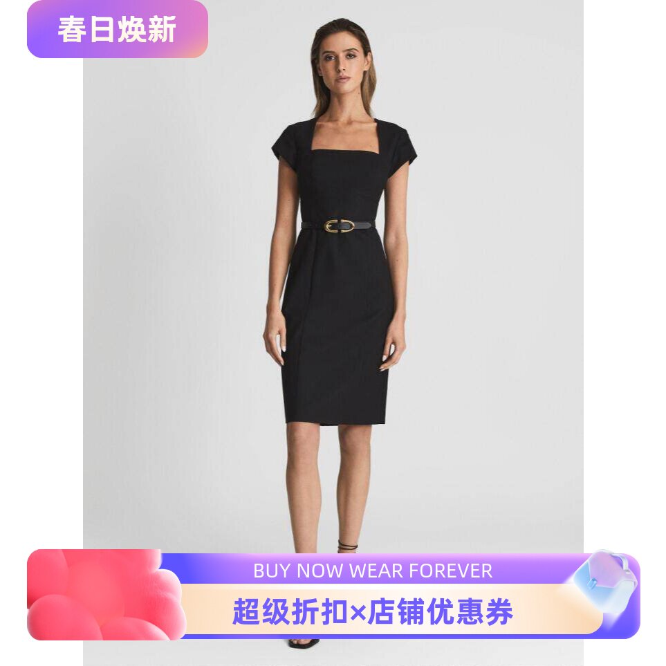 REISS黑色短袖方领包臀裙正装裙西服裙羊毛高腰修身通勤显瘦OL风