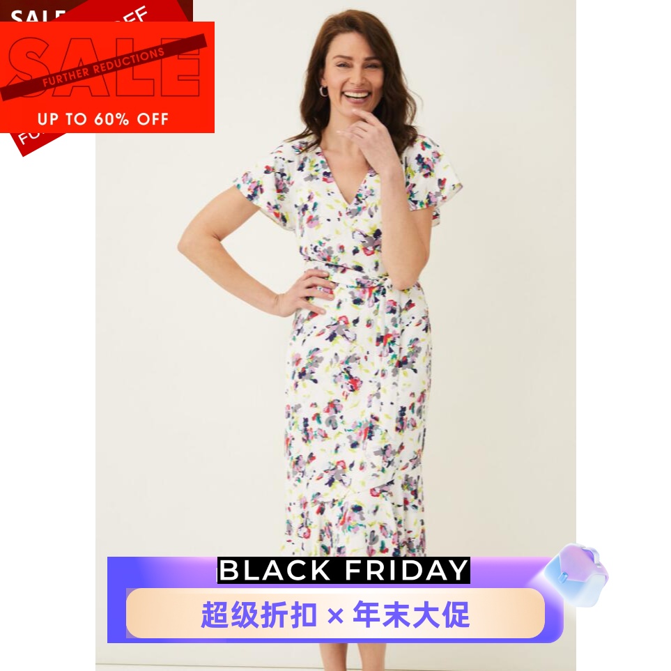 Phase Eight短袖连衣裙白色对话印花中长一步裙系带修身清新淑女