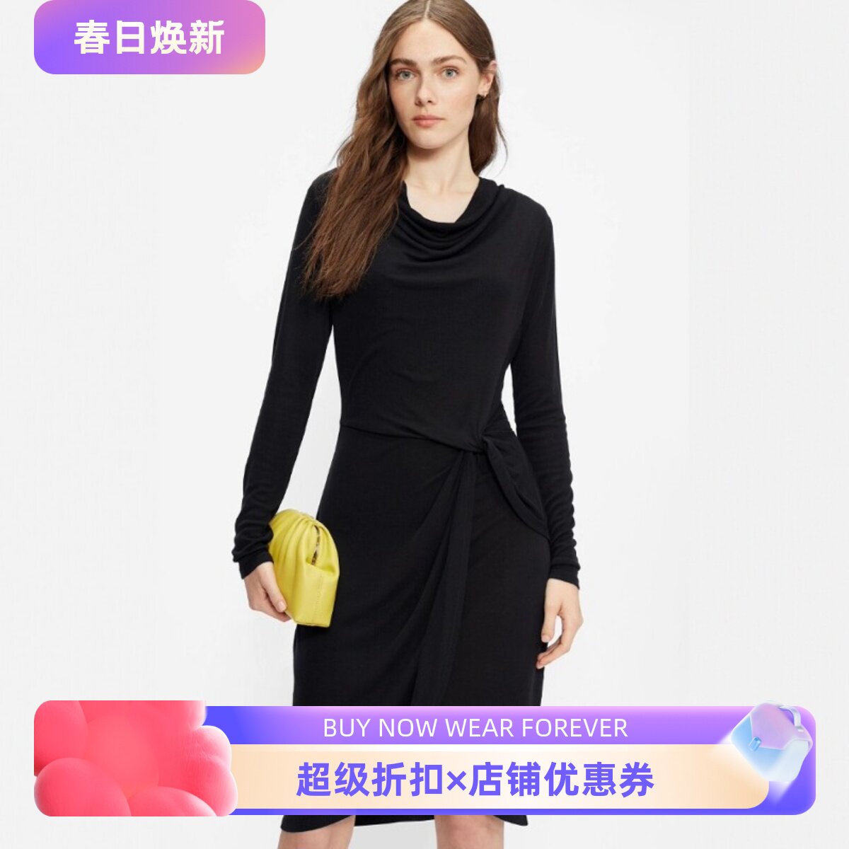 TED BAKER黑长袖连衣裙包臀裙堆堆领扭结裹腰设计优雅显瘦淑女风